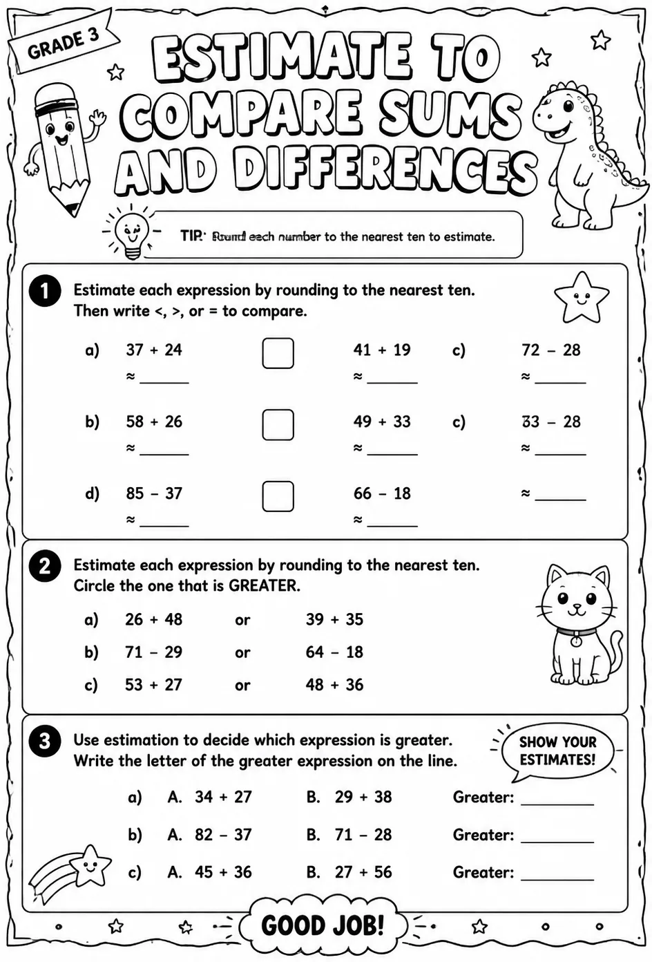Estimate to compare sums and differences — free printable Grade 3 math worksheet