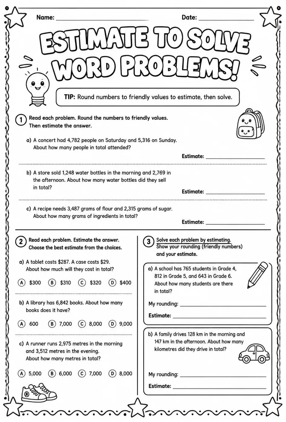 Estimate to solve word problems — free printable Grade 6 math worksheet