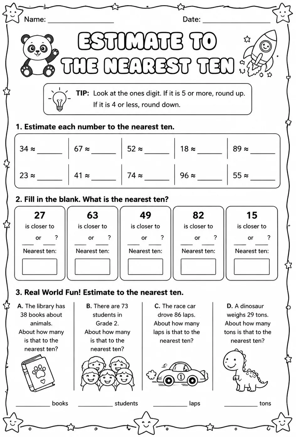 Estimate to the nearest ten — free printable Grade 2 math worksheet