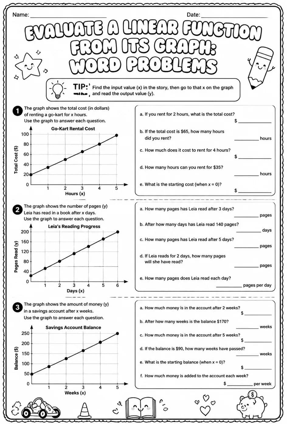 Evaluate a linear function from its graph: word problems — free printable Algebra 1 math worksheet