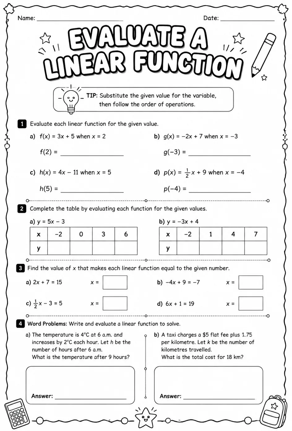 Evaluate a linear function — free printable Grade 8 math worksheet