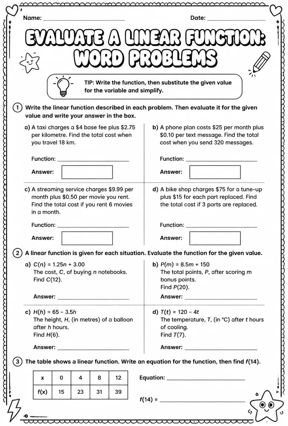 Evaluate a linear function: word problems — free printable Grade 8 math worksheet