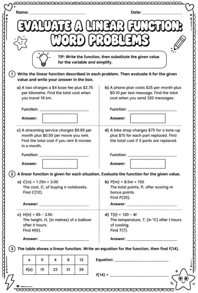 Evaluate a linear function: word problems