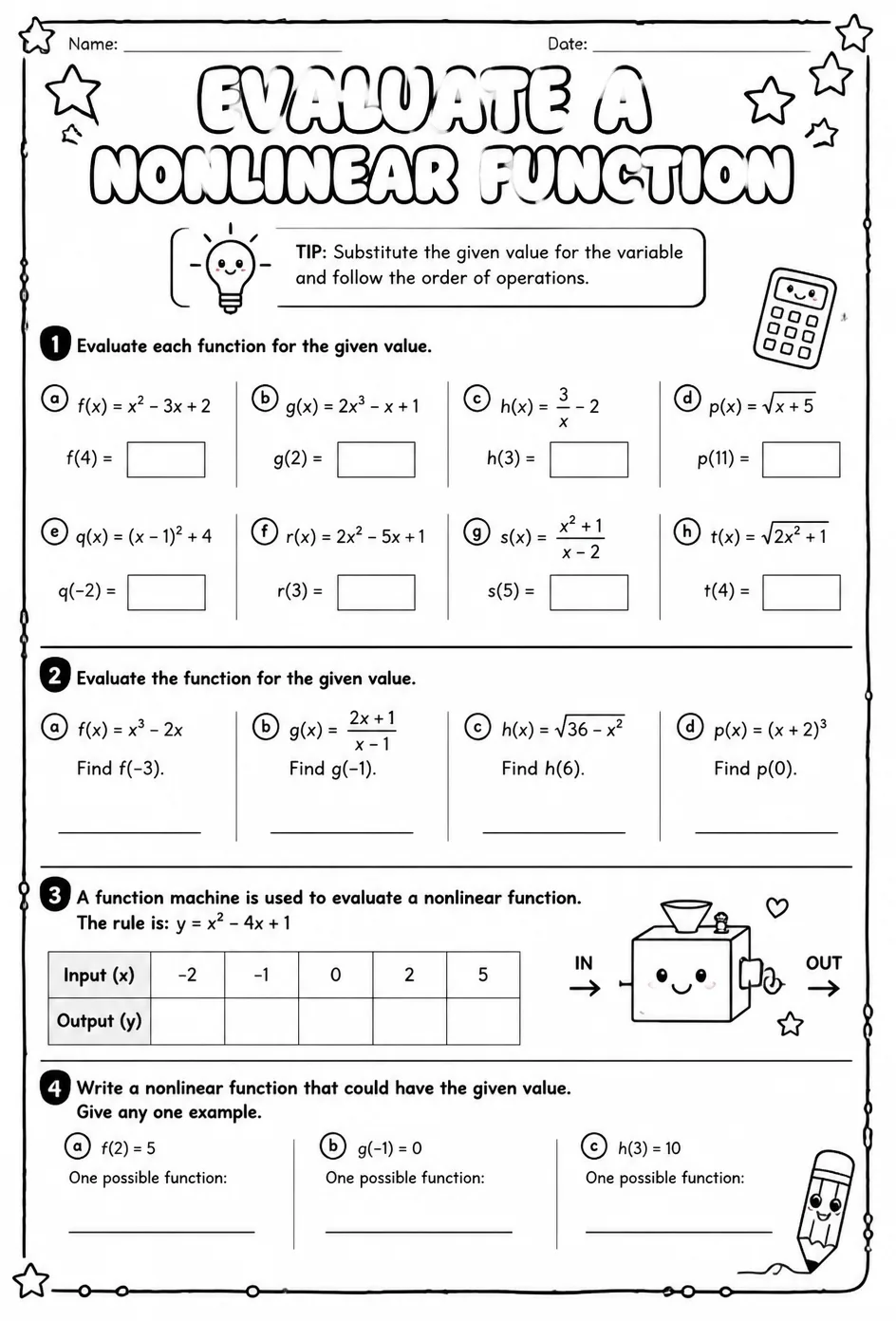 Evaluate a nonlinear function — free printable Grade 8 math worksheet