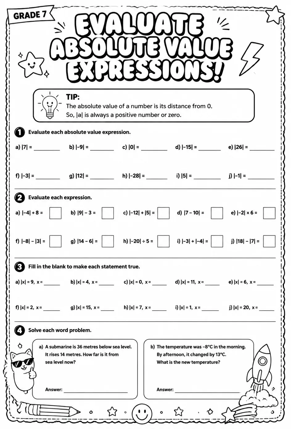 Evaluate absolute value expressions — free printable Grade 7 math worksheet