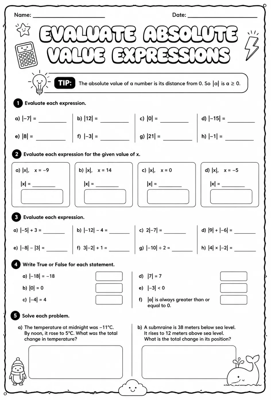 Evaluate absolute value expressions — free printable Grade 8 math worksheet