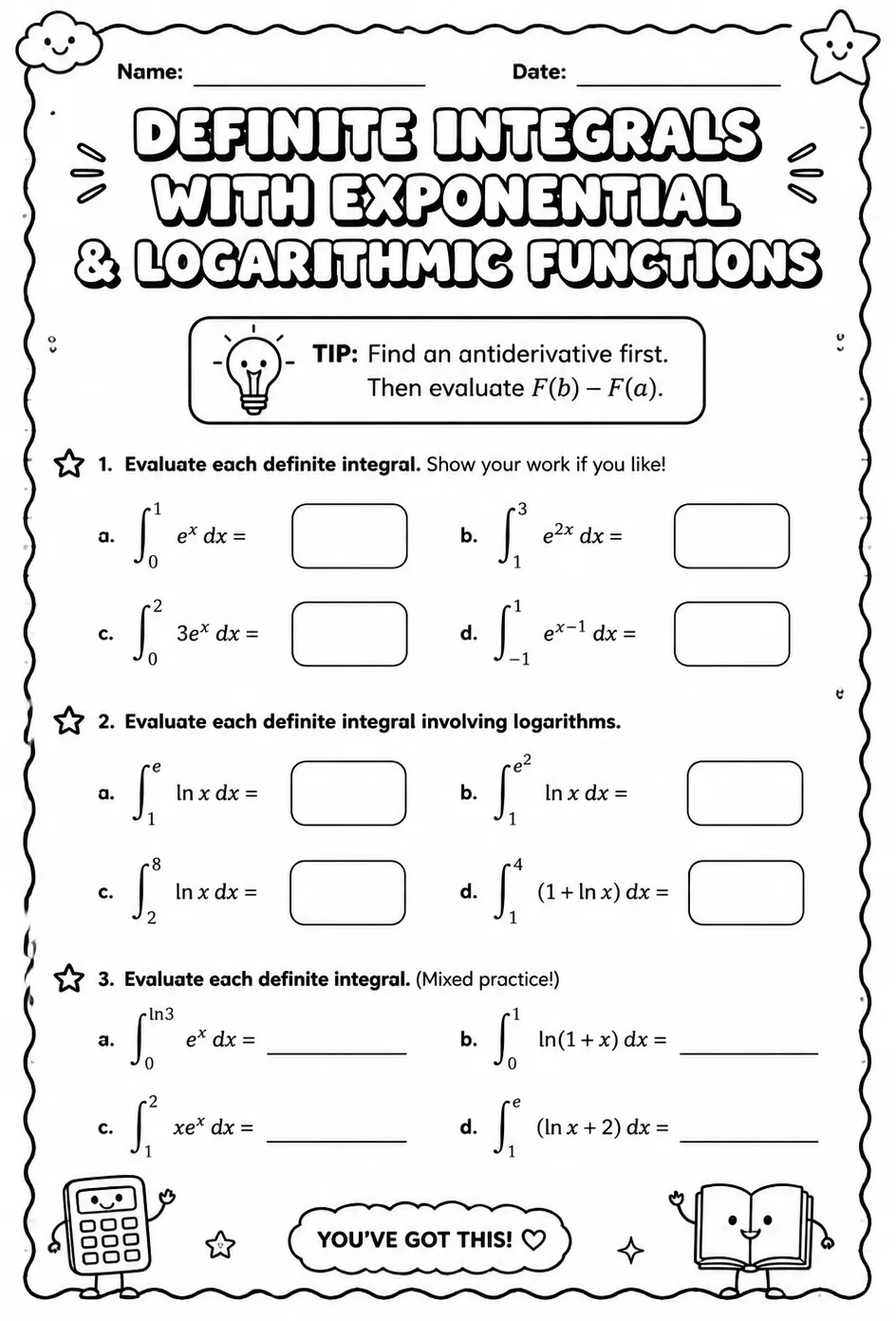 Evaluate definite integrals involving exponential and logarithmic functions — free printable Calculus math worksheet