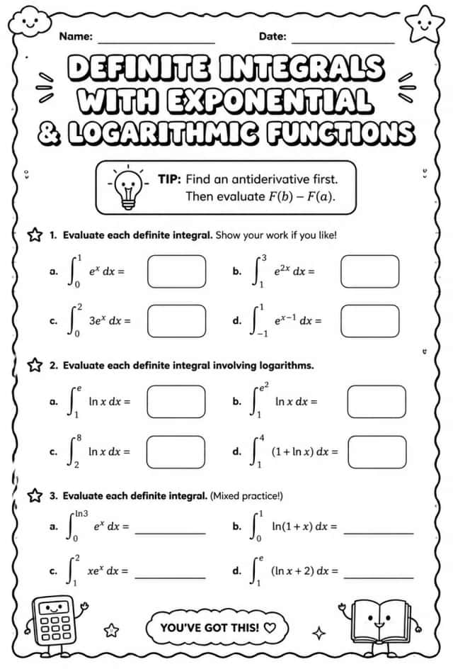 Evaluate definite integrals involving exponential and logarithmic functions