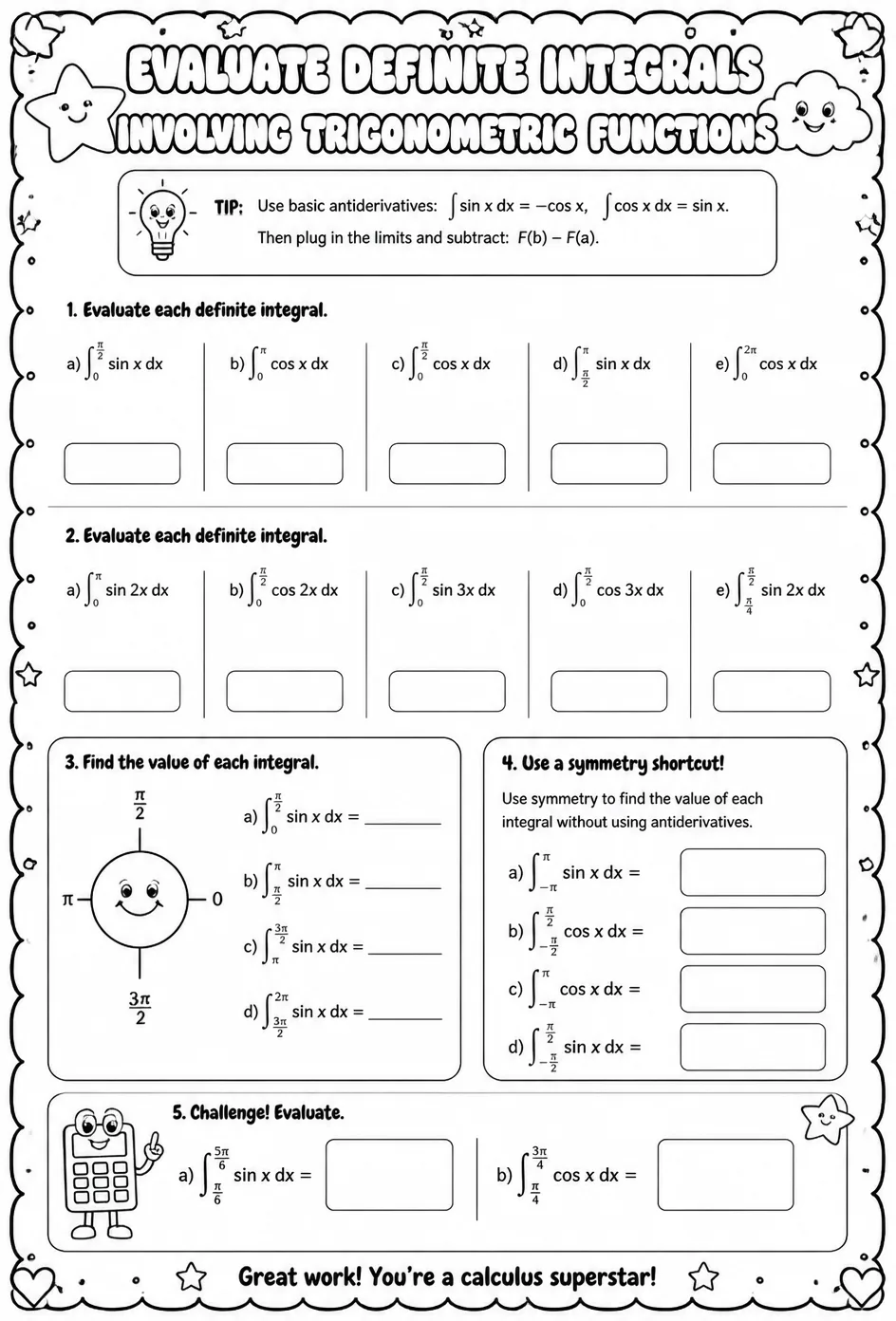 Evaluate definite integrals involving trigonometric functions — free printable Calculus math worksheet