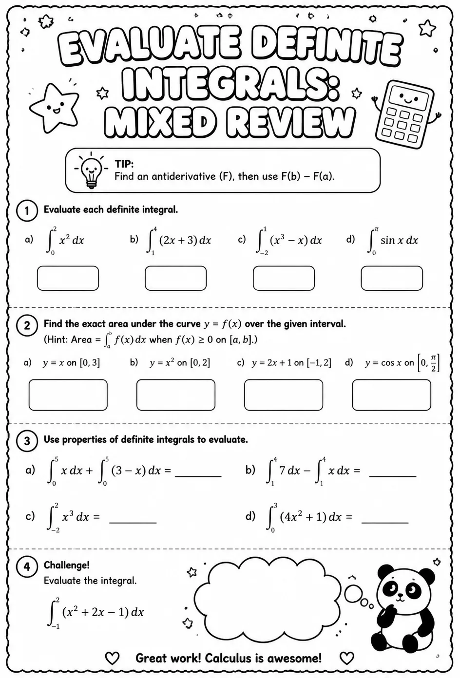 Evaluate definite integrals: mixed review — free printable Calculus math worksheet