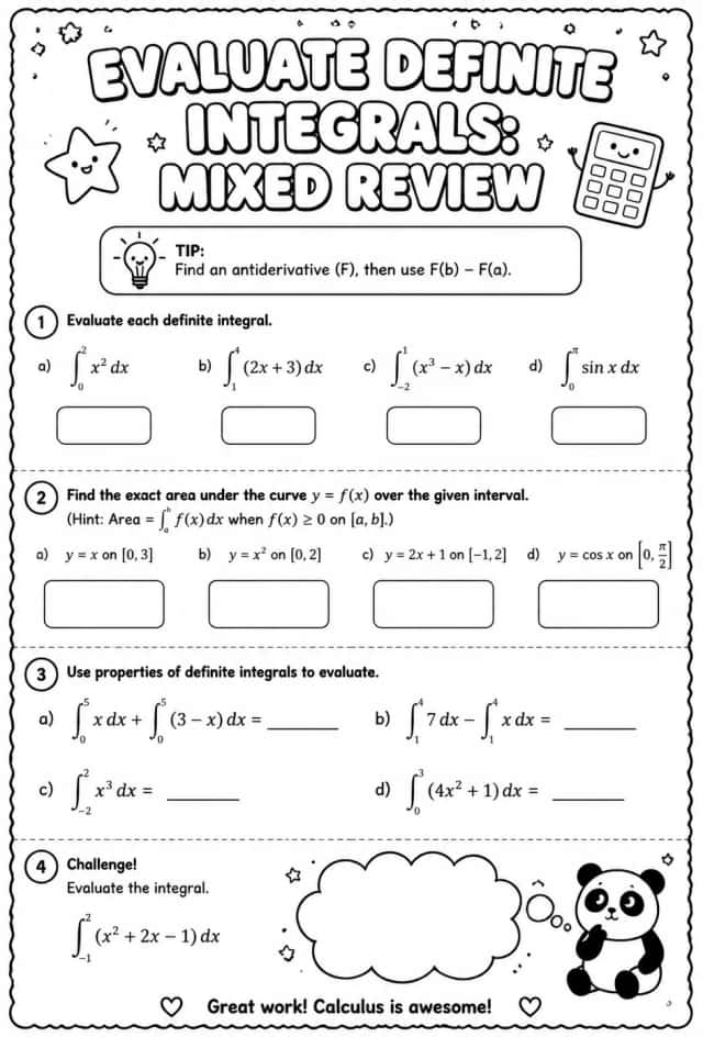 Evaluate definite integrals: mixed review