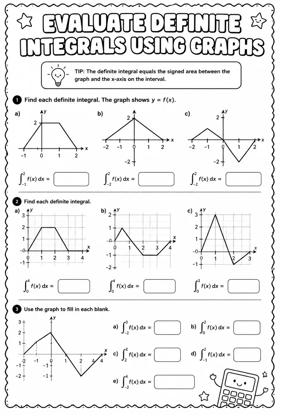 Evaluate definite integrals using graphs — free printable Calculus math worksheet