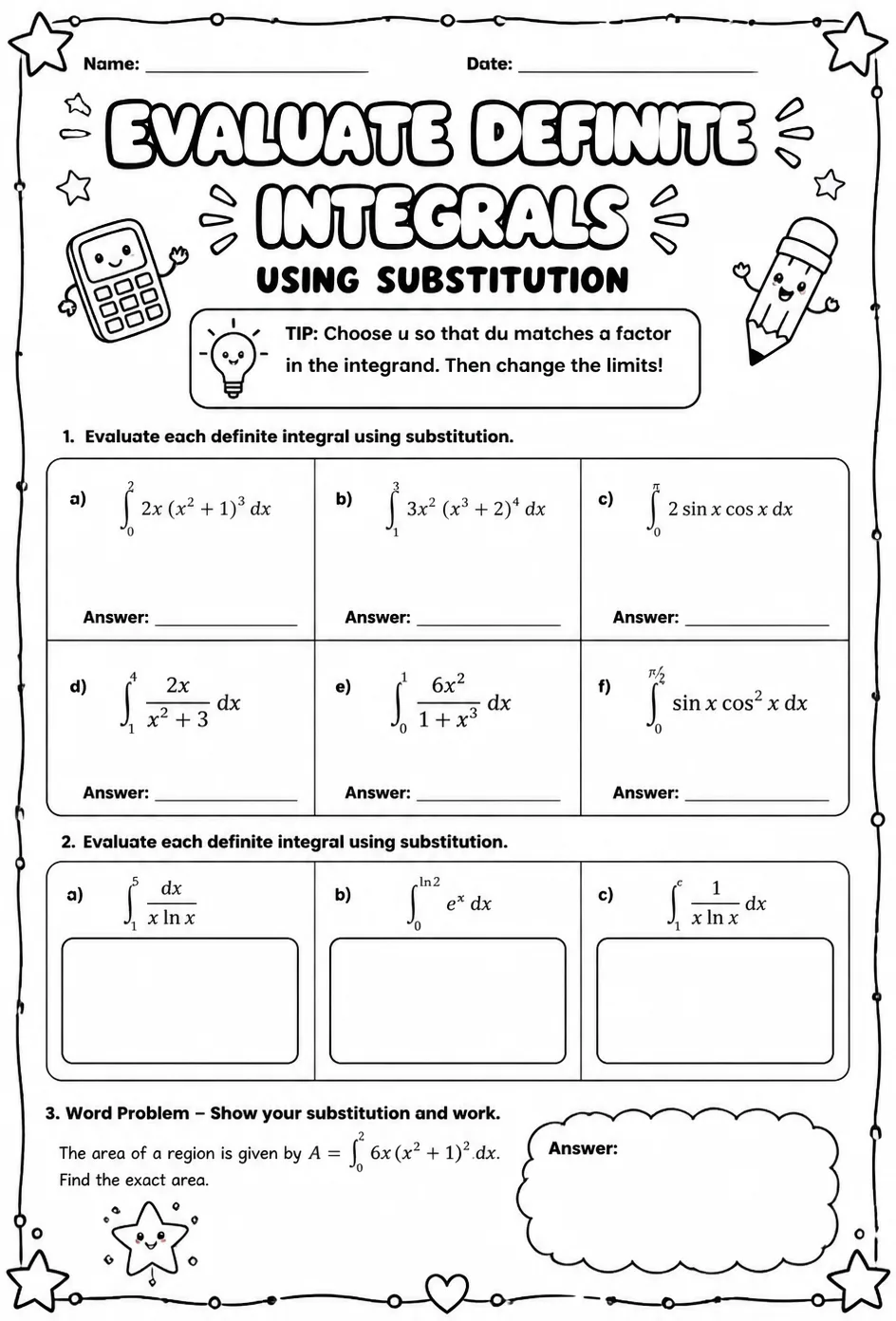 Evaluate definite integrals using substitution — free printable Calculus math worksheet
