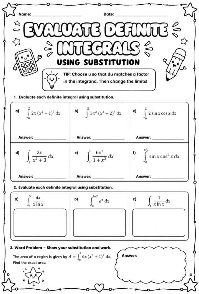 Evaluate definite integrals using substitution