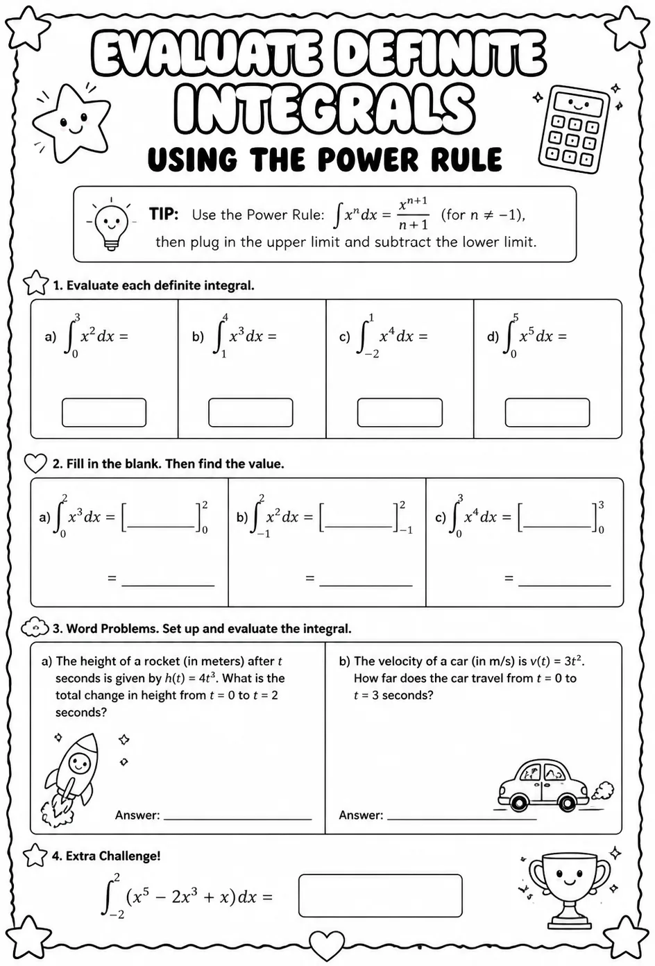 Evaluate definite integrals using the power rule — free printable Calculus math worksheet