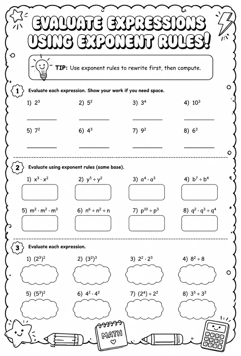 Evaluate expressions using exponent rules — free printable Algebra 1 math worksheet