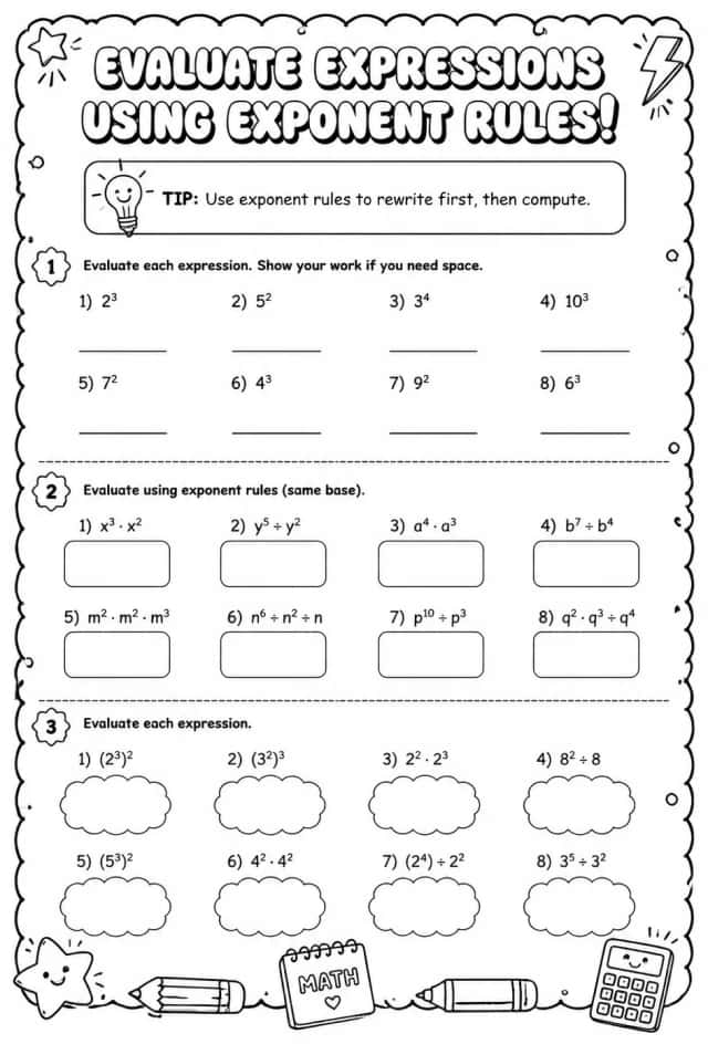 Evaluate expressions using exponent rules