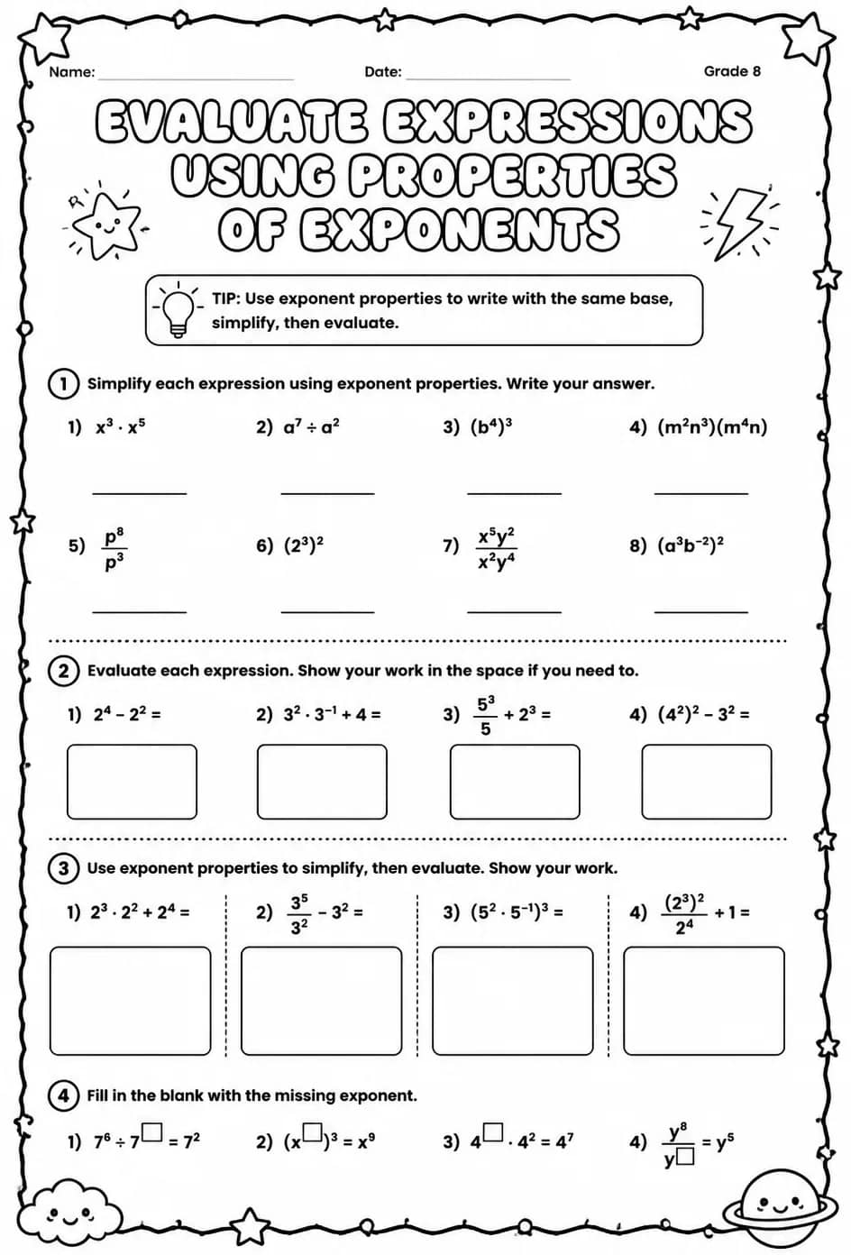 Evaluate expressions using properties of exponents — free printable Grade 8 math worksheet