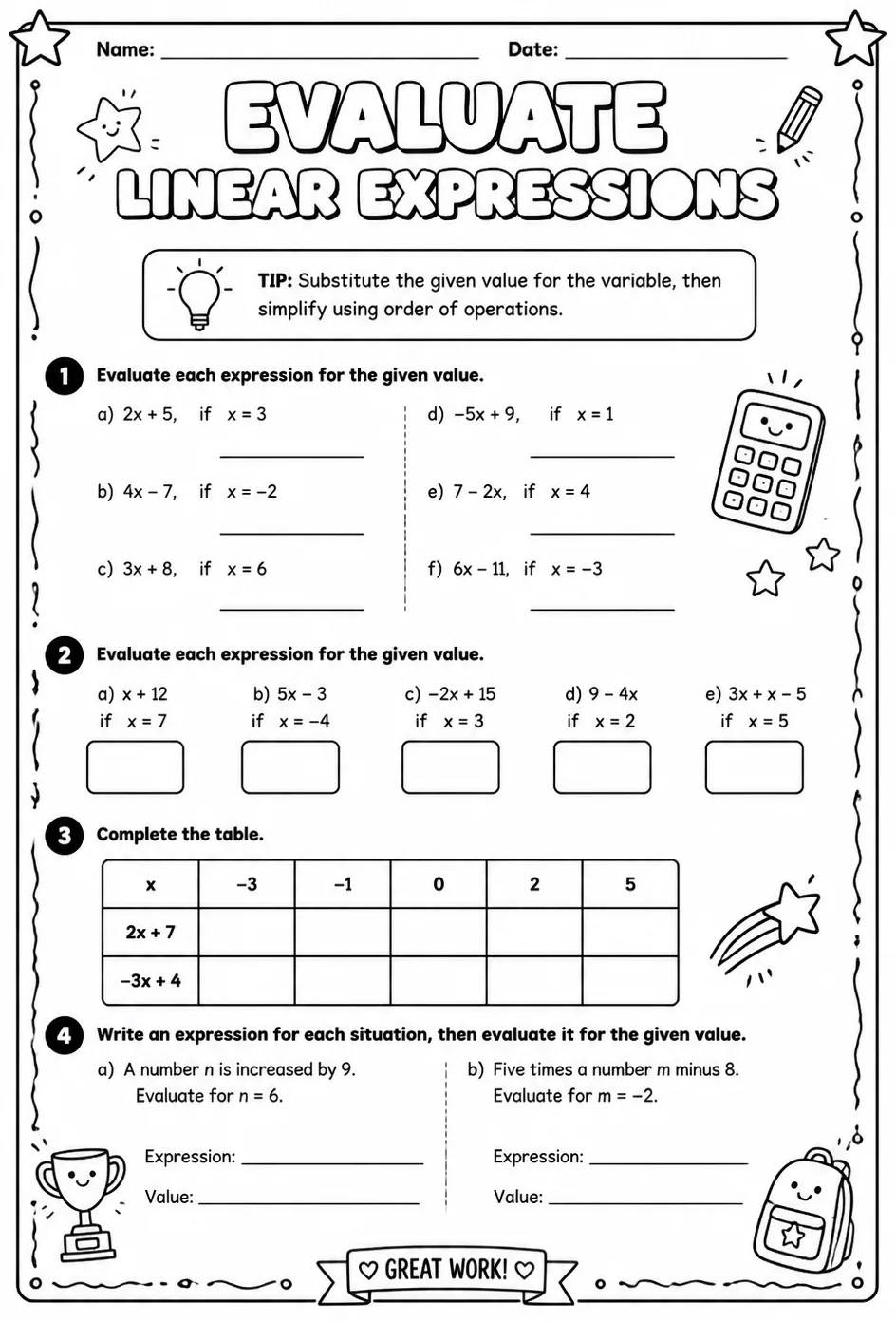 Evaluate linear expressions
