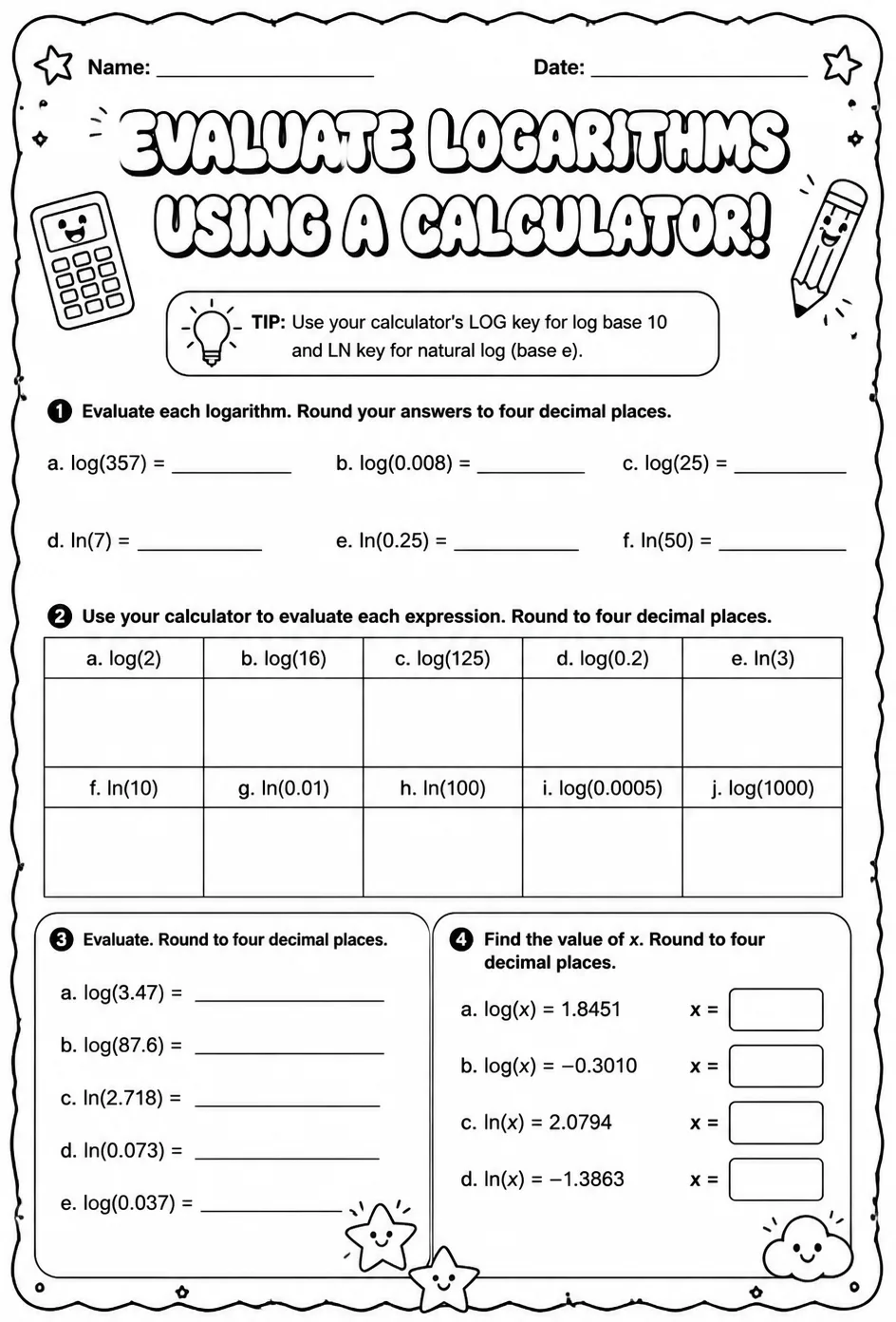 Evaluate logarithms using a calculator — free printable Algebra 2 math worksheet