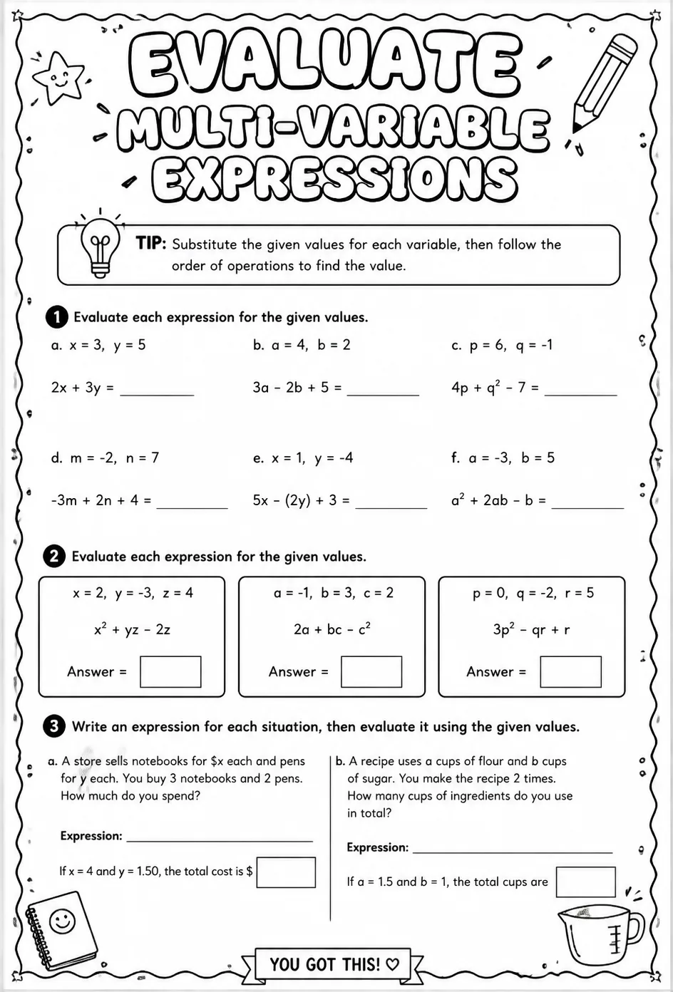 Evaluate multi-variable expressions — free printable Grade 7 math worksheet