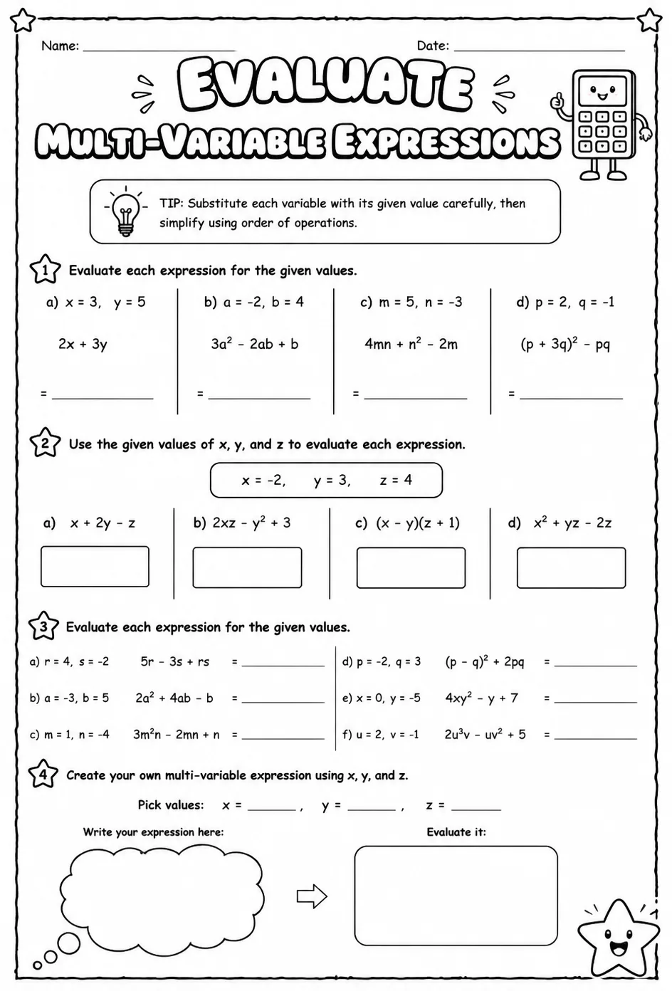 Evaluate multi-variable expressions — free printable Grade 8 math worksheet