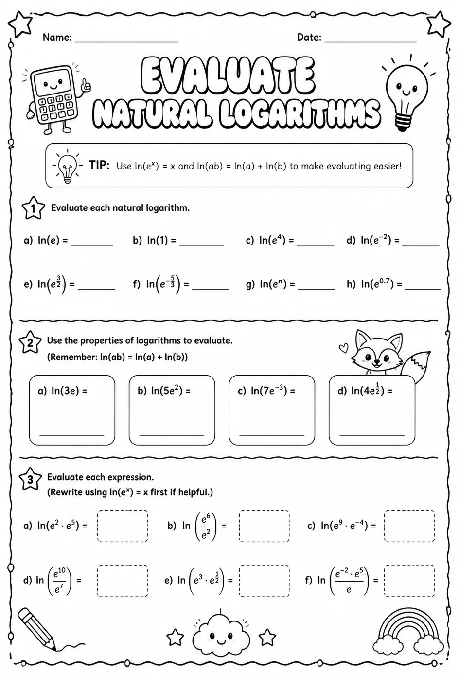 Evaluate natural logarithms — free printable Algebra 2 math worksheet