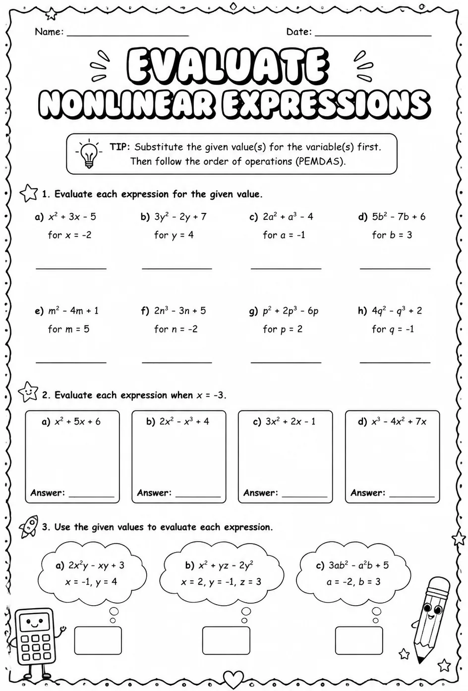 Evaluate nonlinear expressions — free printable Grade 7 math worksheet