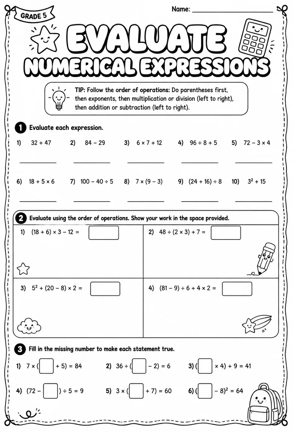 Evaluate numerical expressions — free printable Grade 5 math worksheet