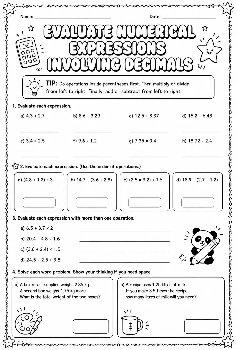 Evaluate numerical expressions involving decimals — free printable Grade 6 math worksheet