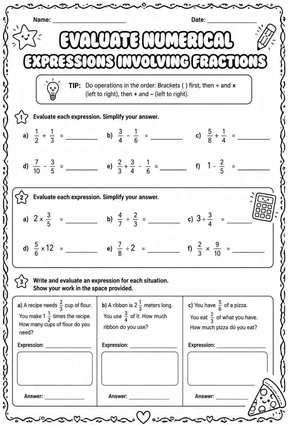 Evaluate numerical expressions involving fractions — free printable Grade 7 math worksheet