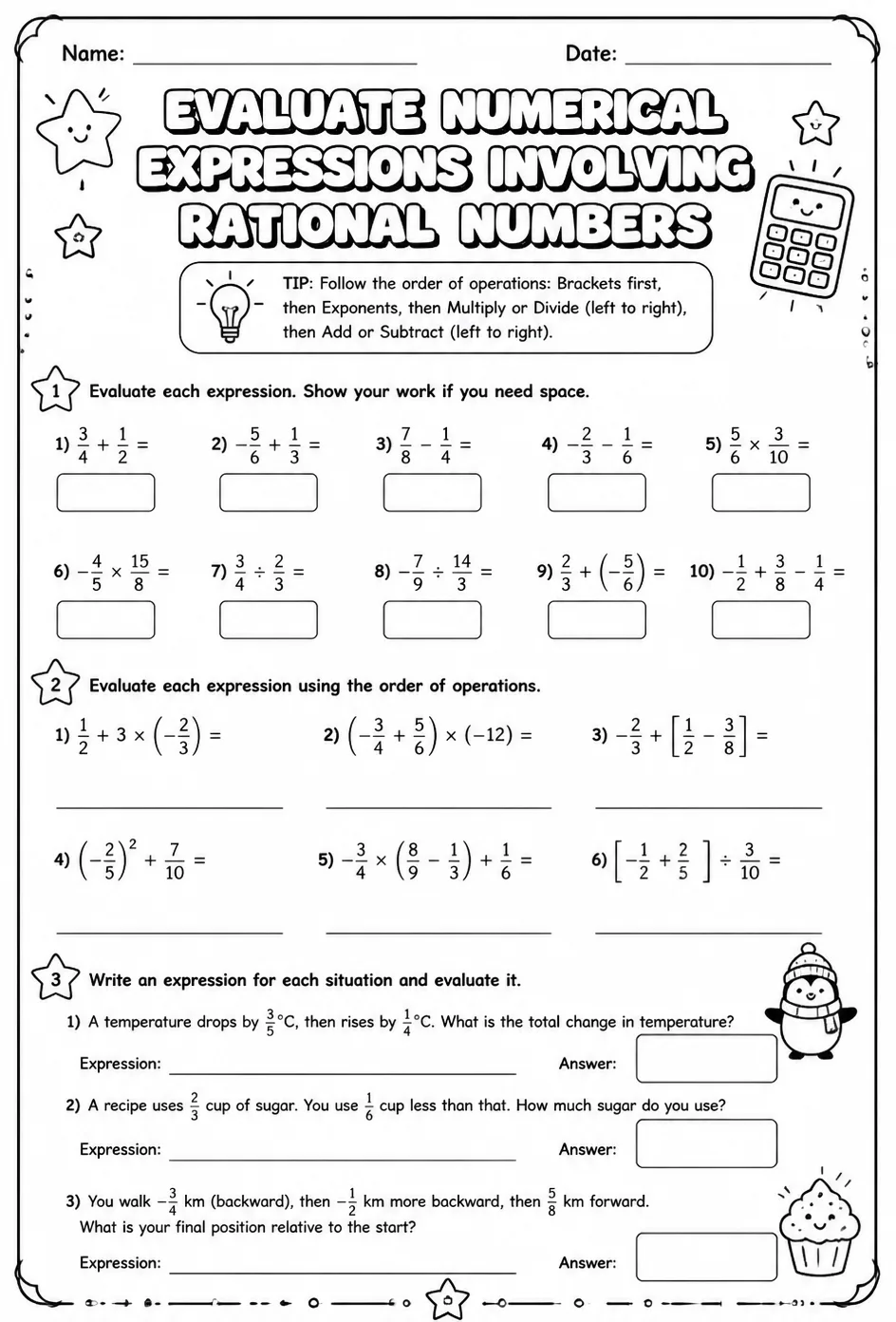 Evaluate numerical expressions involving rational numbers — free printable Grade 8 math worksheet