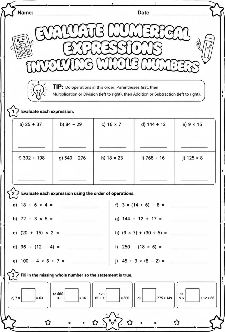 Evaluate numerical expressions involving whole numbers — free printable Grade 6 math worksheet