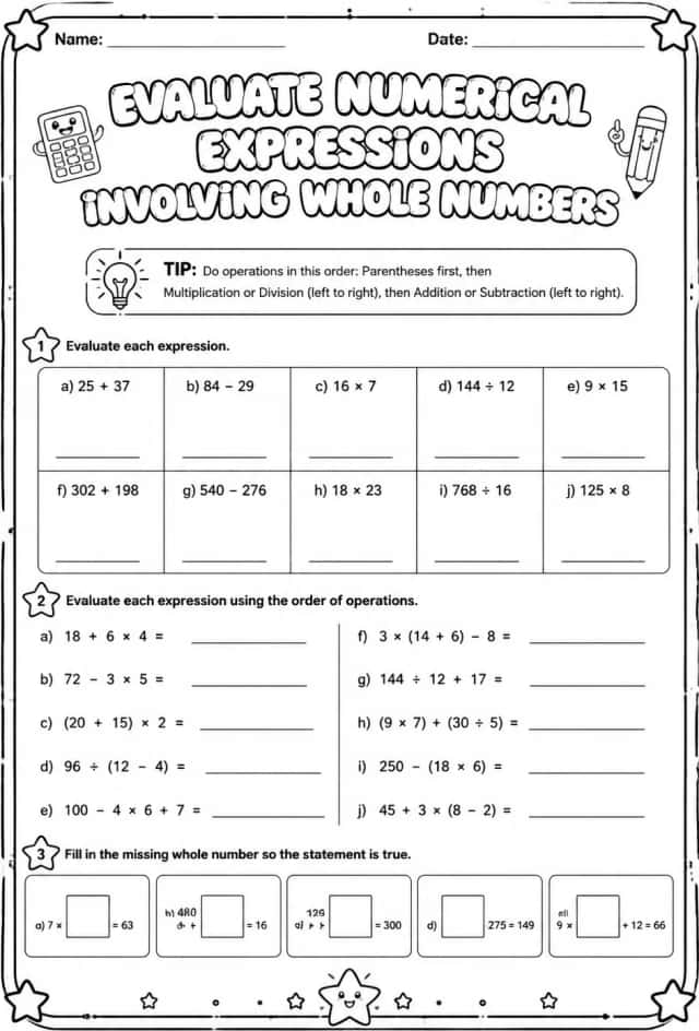 Evaluate numerical expressions involving whole numbers