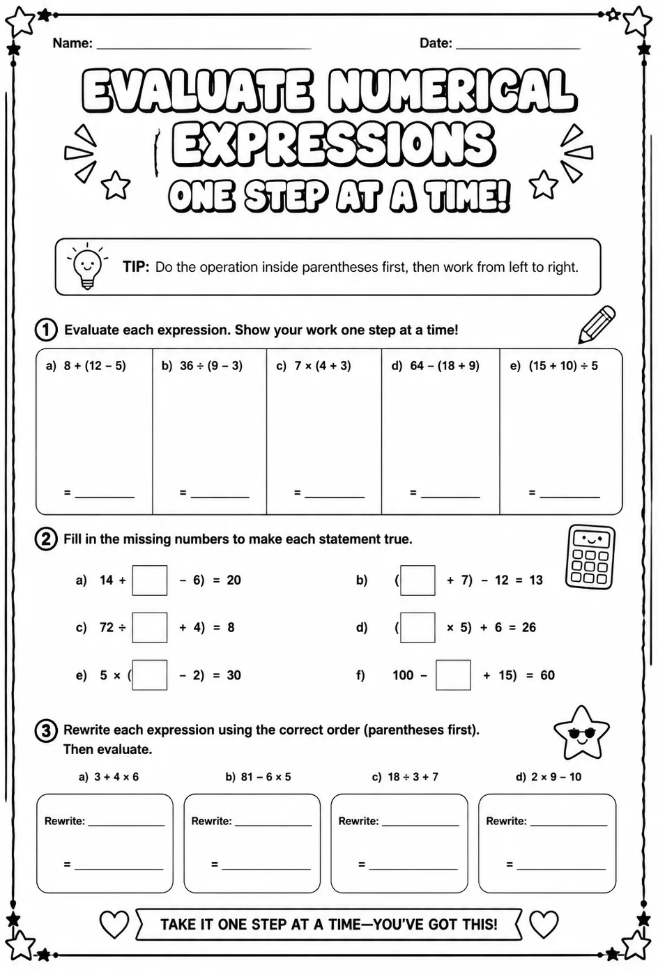 Evaluate numerical expressions one step at a time — free printable Grade 6 math worksheet