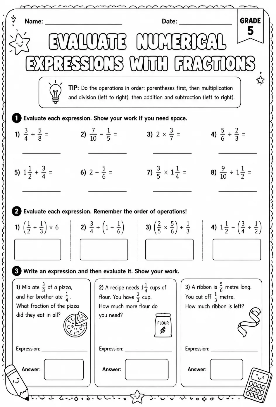 Evaluate numerical expressions with fractions — free printable Grade 5 math worksheet