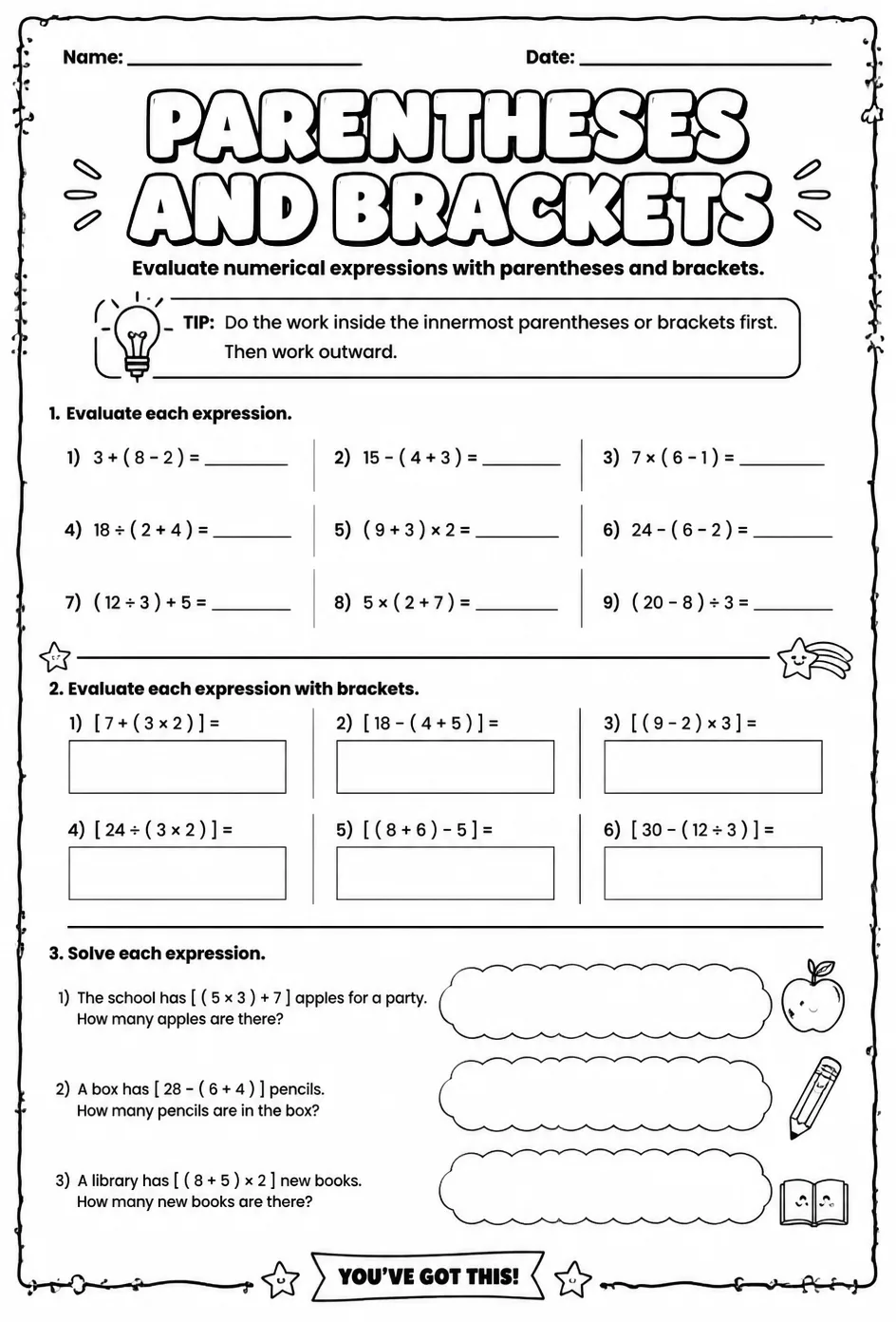 Evaluate numerical expressions with parentheses and brackets — free printable Grade 5 math worksheet
