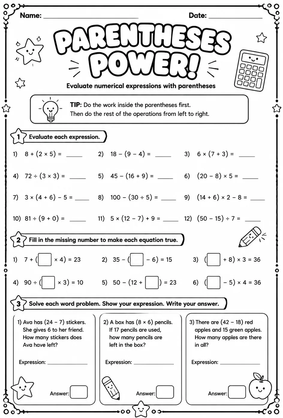 Evaluate numerical expressions with parentheses — free printable Grade 5 math worksheet