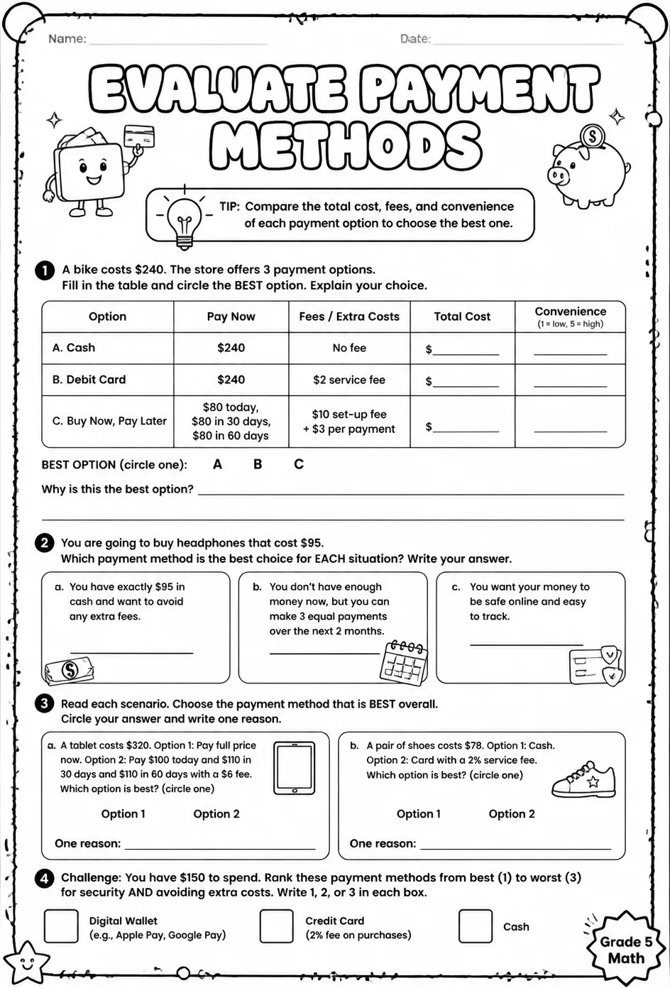 Evaluate payment methods — free printable Grade 5 math worksheet