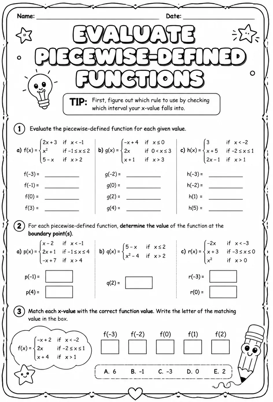 Evaluate piecewise-defined functions — free printable Algebra 2 math worksheet
