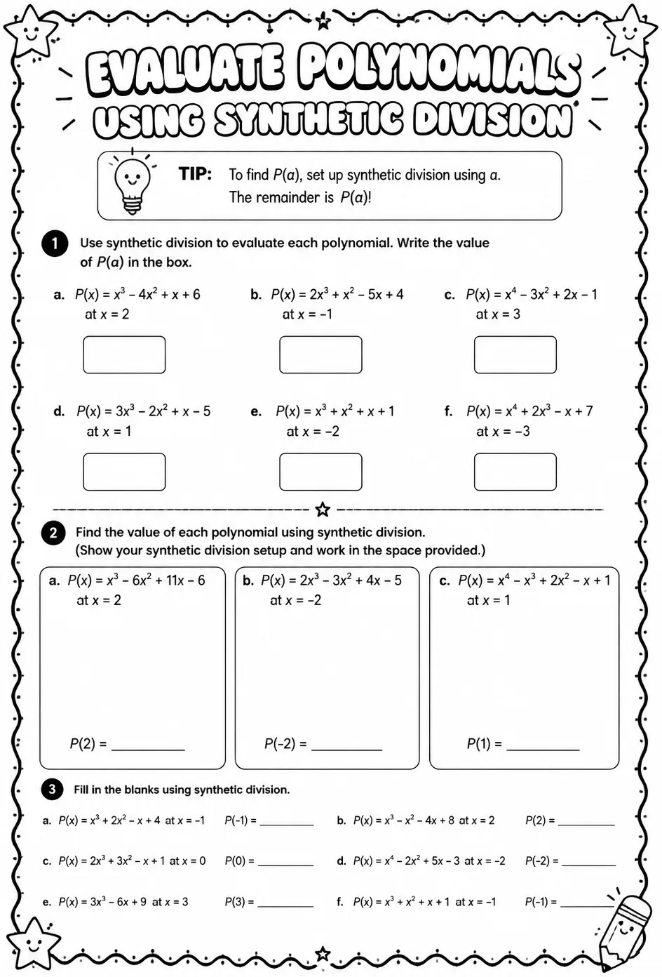 Evaluate polynomials using synthetic division — free printable Algebra 2 math worksheet