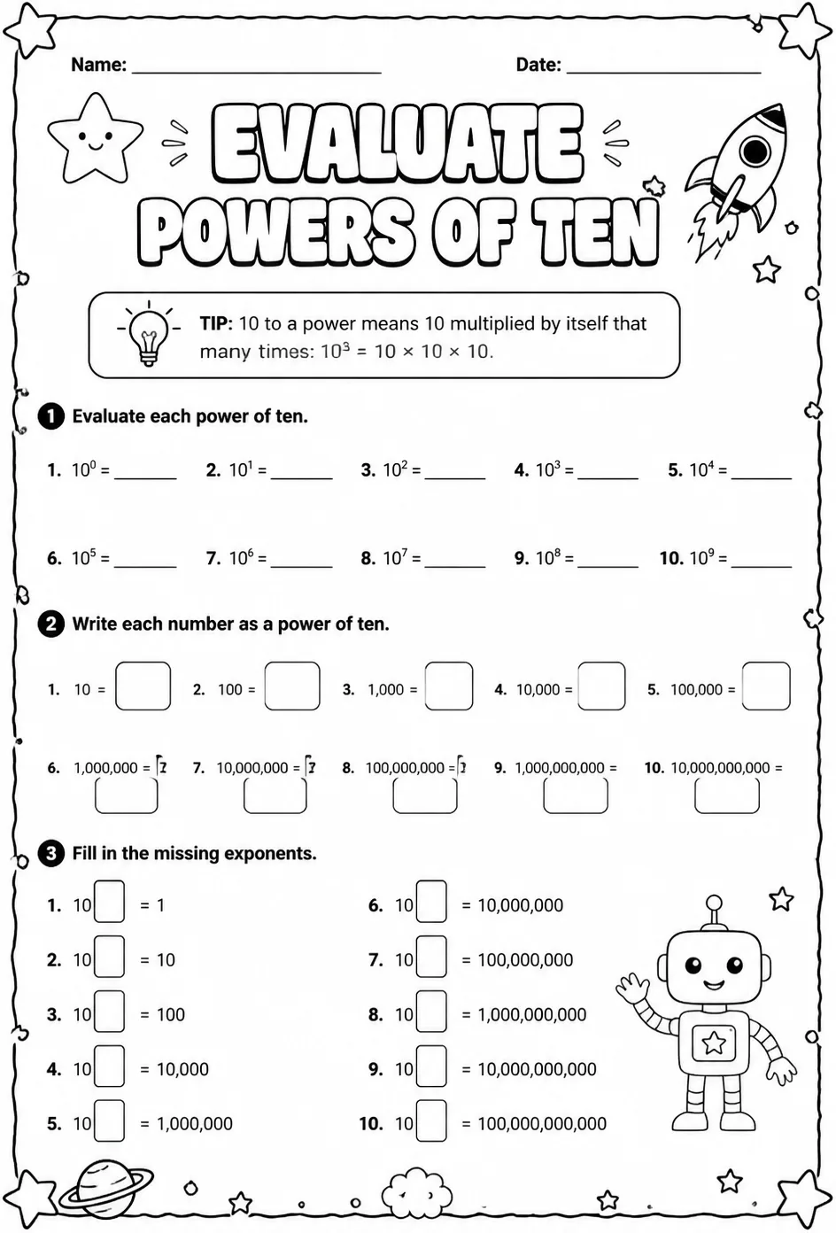 Evaluate powers of ten — free printable Grade 5 math worksheet