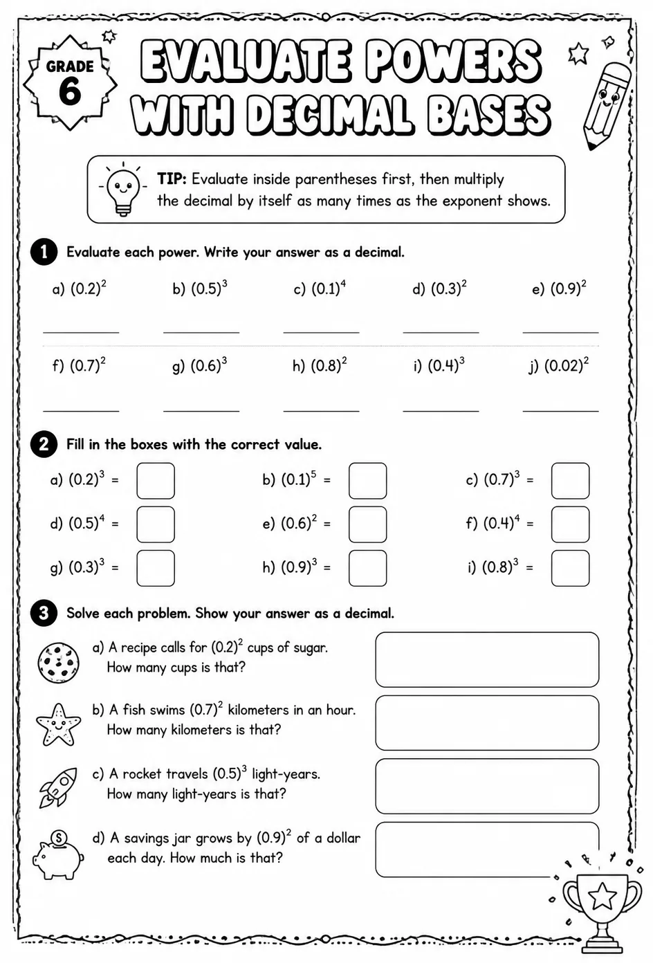 Evaluate powers with decimal bases — free printable Grade 6 math worksheet