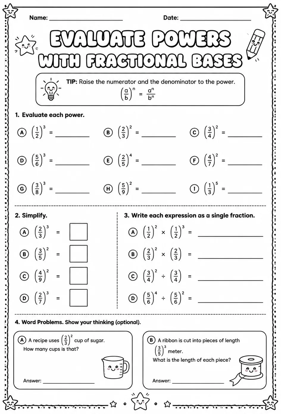 Evaluate powers with fractional bases — free printable Grade 6 math worksheet