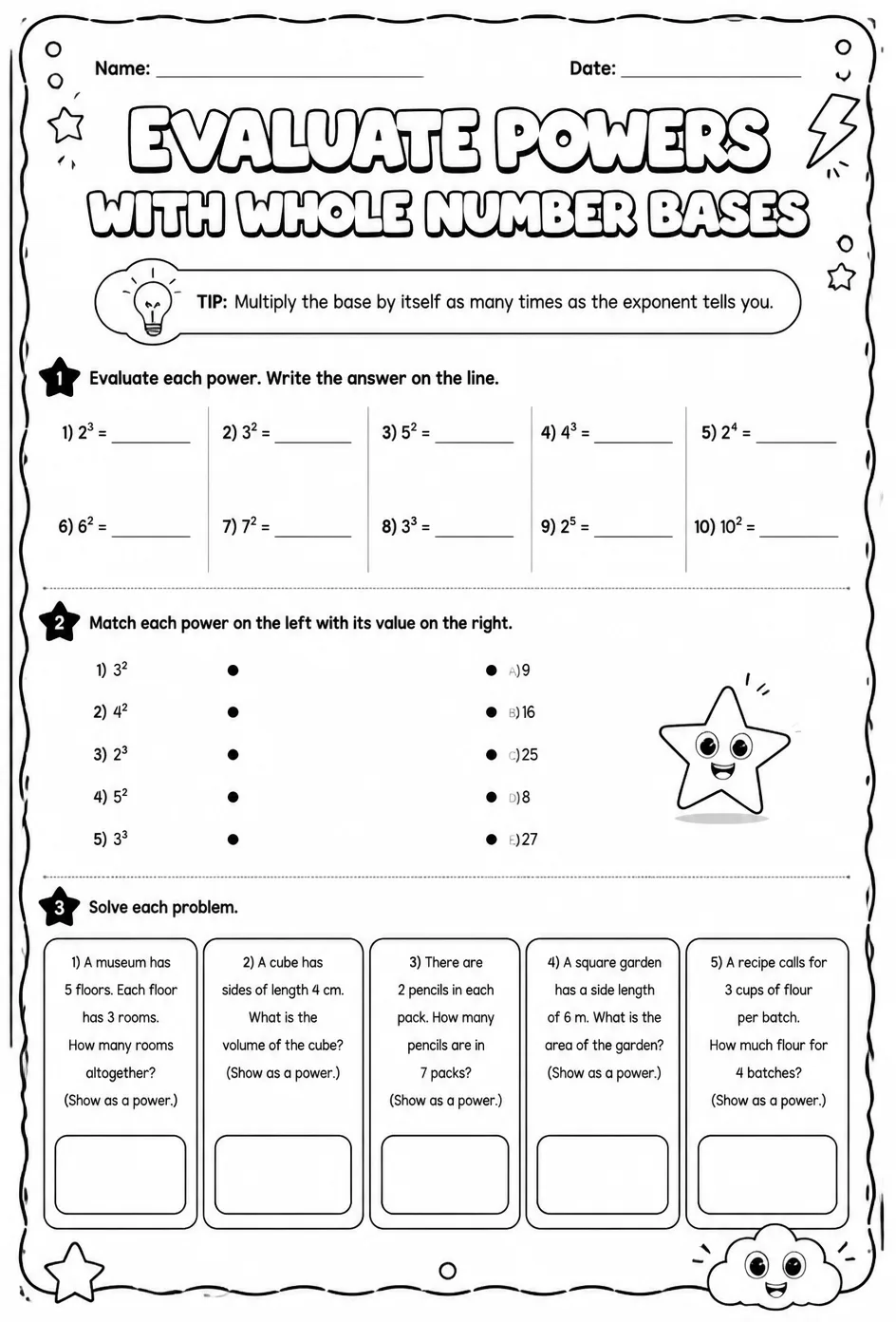 Evaluate powers with whole number bases — free printable Grade 6 math worksheet