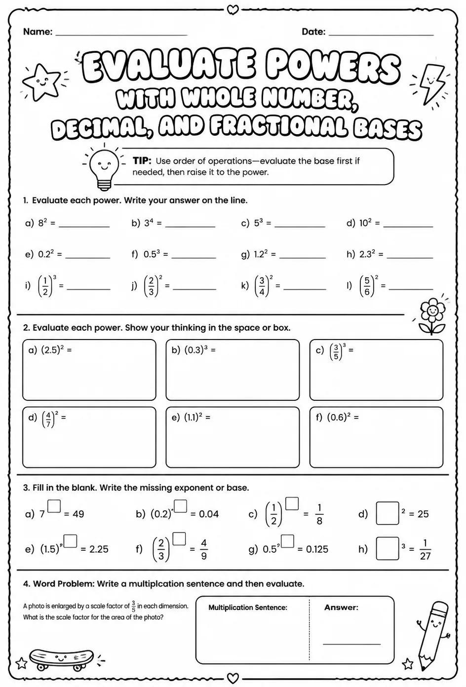 Evaluate powers with whole number, decimal, and fractional bases — free printable Grade 6 math worksheet