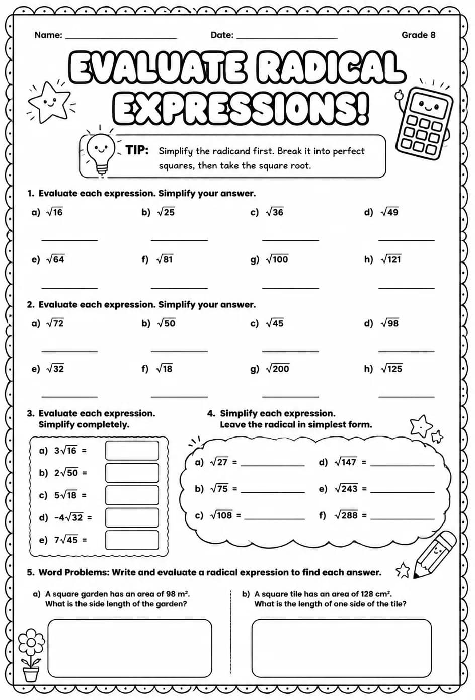 Evaluate radical expressions — free printable Grade 8 math worksheet