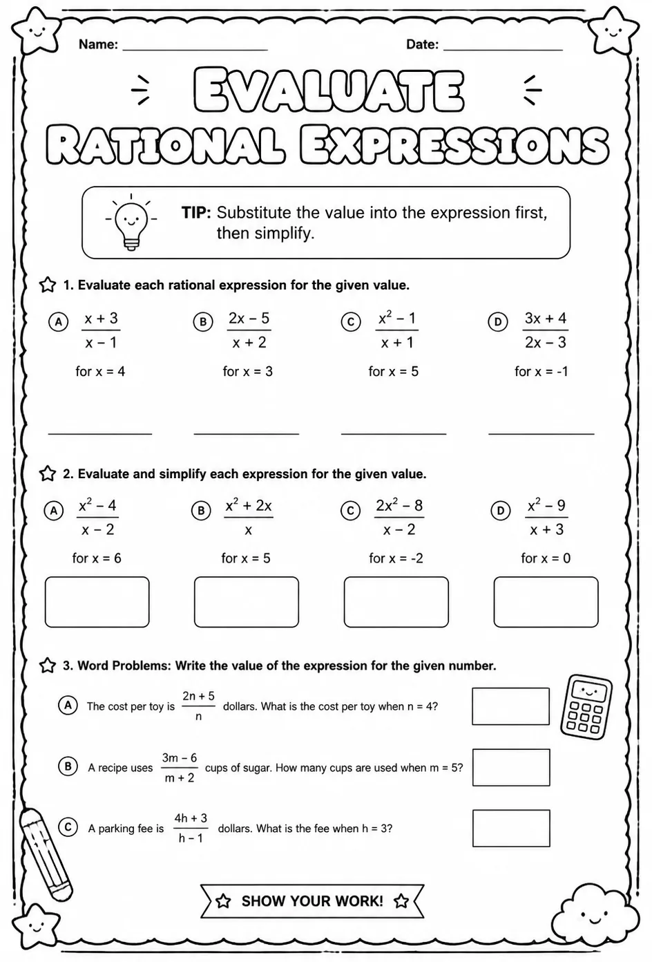 Evaluate rational expressions — free printable Algebra 1 math worksheet