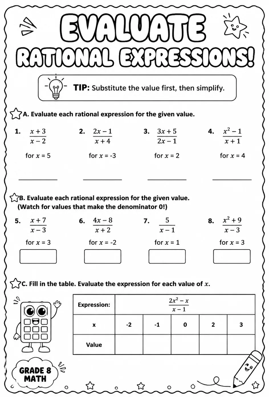 Evaluate rational expressions — free printable Grade 8 math worksheet