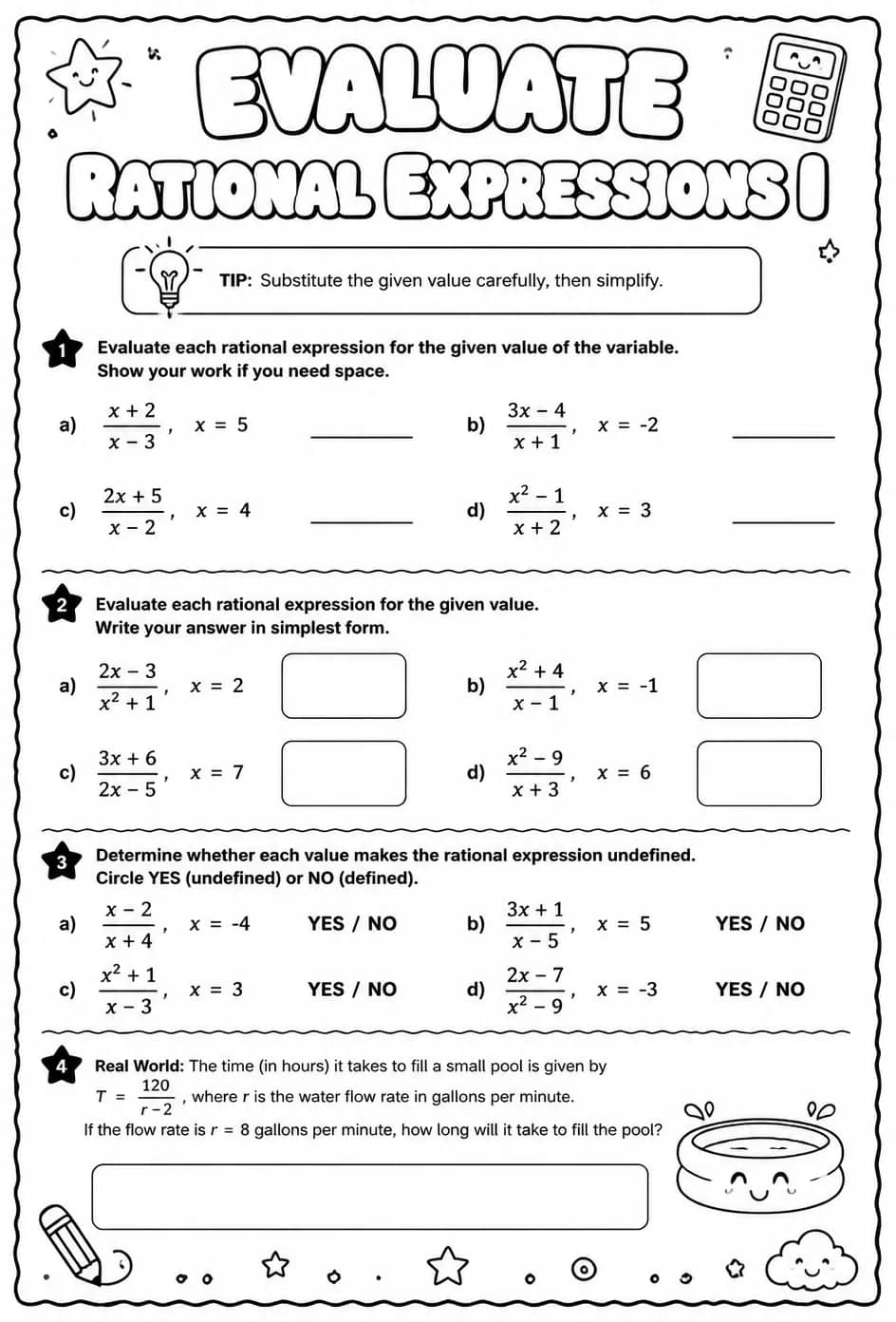 Evaluate rational expressions I — free printable Algebra 2 math worksheet